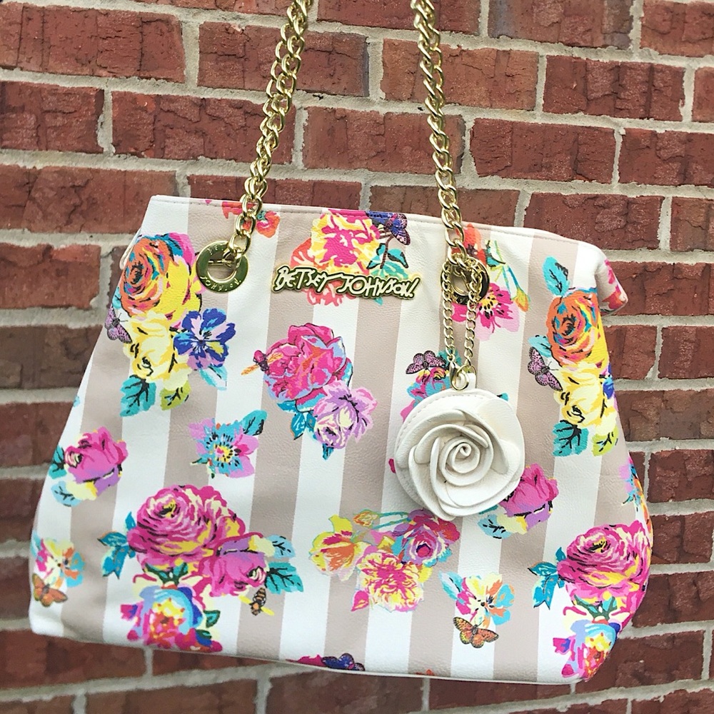 Betsey Johnson Vibrant Rose Tan Striped Hand Bag